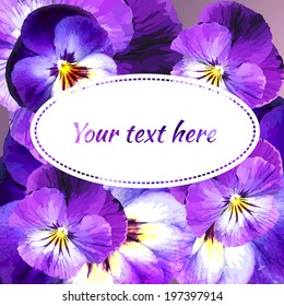Template with oval space for text with realistic flowers pansy closeup