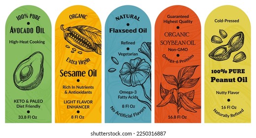 Template package design for organic oil product. Natural pure avocado, sesame, flaxseed, soybean and peanut oil, vector illustration. Hand drawn food element at label collection