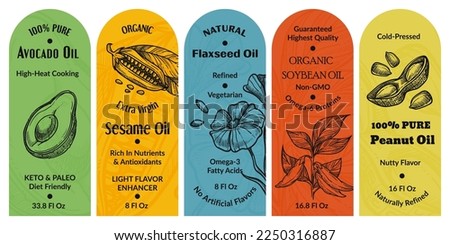 Template package design for organic oil product. Natural pure avocado, sesame, flaxseed, soybean and peanut oil, vector illustration. Hand drawn food element at label collection