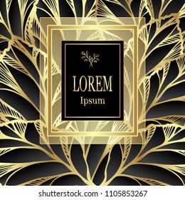 Template for package or flyer from Luxury background made by foil leaves in black gold for cosmetic or perfume or for package of tea or for alcohol label or for advertising jewelry or for brand book