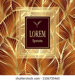 Template for package or flyer from Luxury background made by foil leaves in gold brown orange for cosmetic or perfume or for package of tea or for alcohol label or for advertising jewelry or for brand