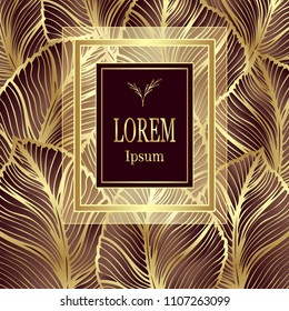 Template for package or flyer from Luxury background made by foil leaves in gold brown for cosmetic or perfume or for package of tea or for alcohol label or for advertising jewelry or for brand book