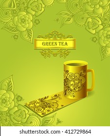 Template package gold cup of tea  with  Zen doodle flowers or  Zen tangle  pattern green for advertising tea