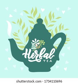 Template of package with hand draw teapot, text Herbal tea, vapor, leaves, hearts blue background. Finished design for box, pack, business card of company, shop, logo. Vector. Hand lettering.
