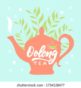 Plantilla de paquete con tetera de dibujo a mano, texto Té olong, vapor, hojas, fondo azul del corazón. Diseño terminado para caja, paquete, tarjeta de empresa, tienda, logotipo. Vector. Grabado a mano.