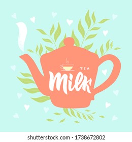 Template of package with hand draw teapot, text Milk tea, vapor, leaves, hearts blue background. Finished design for box, pack, business card of company, shop, logo. Vector. Hand lettering.