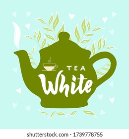 Template of package with hand draw teapot, text White tea, vapor, leaves, hearts blue background. Finished design for box, pack, business card of company, shop, logo. Vector. Hand lettering.