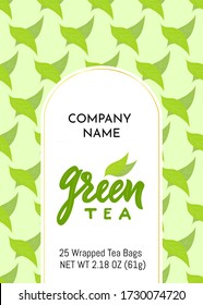 Template of packaging Green tea, company name. Pattern with leaves, gold frame. Finished design for box, pack, business card, logo. Vector illustration. Hand calligraphy lettering.