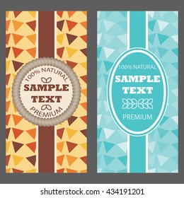 Template packaging multicolored geometric triangles ornament for hot and cold product, frame for your text. Vector illustration