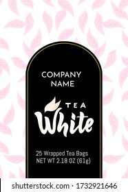 Template of packaging White tea, company name. Pattern with leaves, gold frame. Finished design for box, pack, business card, shop, logo. Vector illustration. Hand calligraphy lettering.
