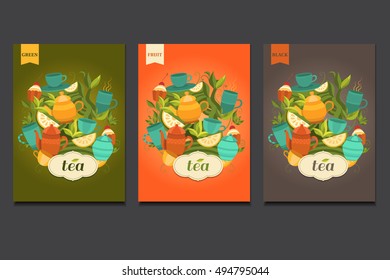 Template packing green, black, fruit tea. Label design for tea. Vector background with cups, teapot, sugar bowl, tea leaf, cakes, lemon. Illustration for design: packaging, printing, banner.