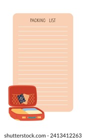 Plantilla para la lista de empaque. Lista de embalaje y maleta abierta con cosas dobladas. Equipaje abierto con ropa de viaje. Preparándose para vacaciones, viaje o viaje. Ilustración del vector plano de color aislado