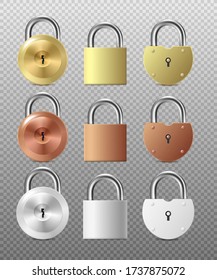 Template of padlocks or hanging door locks in various shapes and colors, 3d realistic vector illustration isolated on background. Safety and private security symbol.