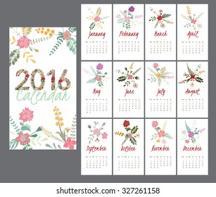 Template page calendar for 2016. Editable Vector calendar is decorated with bouquets of flowers and leaves.