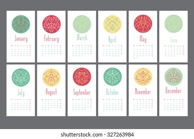 Template page calendar for 2016. Editable Vector calendar decorated with abstract compositions of lines in circles.