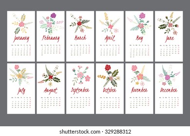 Template page calendar for 2016. Editable Vector calendar is decorated with bouquets of flowers and leaves.