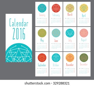 Template page calendar for 2016. Editable Vector calendar decorated with abstract compositions of lines in circles.