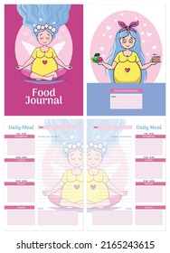 Template page and cover of daily meal planner for pregnant women. Healthy nutrition plan in cute cartoon style. Food Journal. Colorful Vector Printable Template.