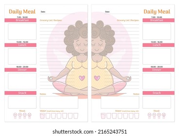 Template page of daily meal planner for pregnant women. Healthy nutrition plan in cute cartoon style. Food Journal. Colorful Vector Printable Template.