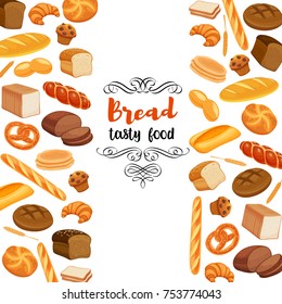 Template page design food with bread products. Rye bread and pretzel, muffin, pita, ciabatta and croissant, wheat and whole grain bread, bagel, toast bread, french baguette for menu bakery.