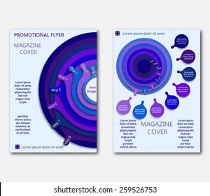 Template page design presentations, leaflets, flyers or cover. Background with eight blue concentric circles. Vector illustration