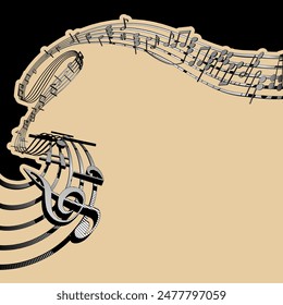 Template page design with ribbon of musical notes on winding lines in black and white vintage engraving style on beige background. Vector illustration 