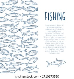 Template page with drawn fish. Vector outline illustration of bream, mackerel, tunny or sterlet, catfish, codfish and halibut and ets.