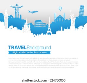 A Template of a page with famous monuments and buildings skyline from all over the world.