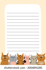 Template for page of paper notebook with colorful cats illustrations. Design element for organizer, diary, stickers and planner. Vector illustration.