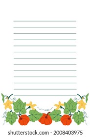 Template for page of paper notebook with colorful pumpkins, flowers and leaves illustrations. Design element for organizer, diary, stickers and planner. Vector illustration.