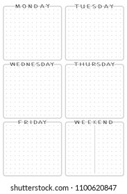 Template page of schedule or bullet journal. Monday to friday and weekend. Weekly and daily planner