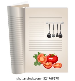 Template pages of a cookbook. Tomato whole and sliced. Parsley. Kitchen tools hanging on the wall. The template for the layout of text recipes.