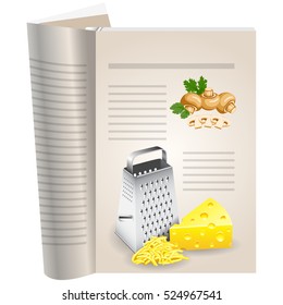 Template pages of a cookbook. You can have there favorite recipes. Mushrooms mushrooms whole and sliced. Piece of yellow cheese and shredded cheese slide. Metal grater for grating cheese.