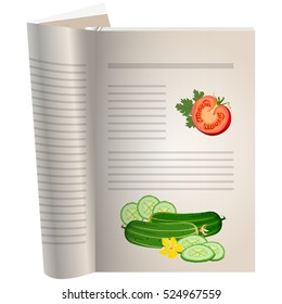 Template pages of a cookbook. You can have there favorite recipes. A piece of tomato with herbs. Two cucumber lie nearby. Cucumbers whole and sliced. The template for the layout of text recipes.