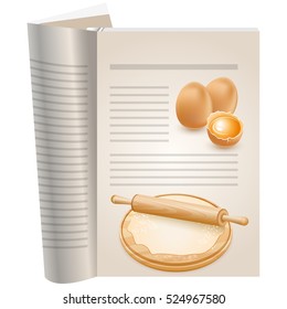 Template pages of a cookbook. You can have there favorite recipes. Group of eggs. One egg is broken, the yolk visible. Healthy eating. On board the dough and rolling pin.