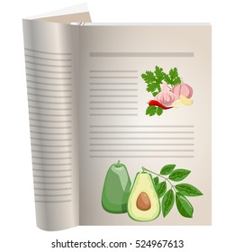 Template pages of a cookbook. You can have there favorite recipes. Avocado sliced with a bone. A set of ingredients for spicy seasonings. Peppers and garlic with parsley.