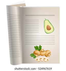 Template pages of a cookbook. You can have there favorite recipes. Avocado sliced with a bone. Mushrooms mushrooms whole and sliced. The template for the layout of text recipes.
