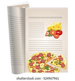 Template pages of a cookbook. You can have there favorite recipes. A set of ingredients for pizza. Piece of cheese. Tomatoes whole and cut. The template for the layout of text recipes.