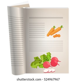 Template pages of a cookbook. You can have there favorite recipes. Carrot sliced. A set of ingredients for vegetarian dishes. Radishes with greens and a poreznny.