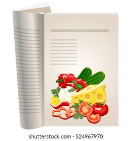 Template pages of a cookbook. You can have there favorite recipes. A set of ingredients can be used for cooking pizza. Healthy eating. The template for the layout of text recipes.