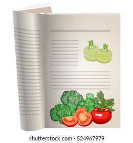 Template pages of a cookbook. You can have there favorite recipes. Still life of vegetables. Broccoli is next to the tomatoes. Tomatoes whole and cut. The template for the layout of text recipes.