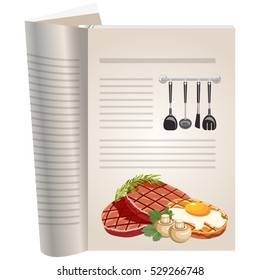 Template pages of a cookbook. You can have there favorite recipes. Cutlets with egg and mushrooms