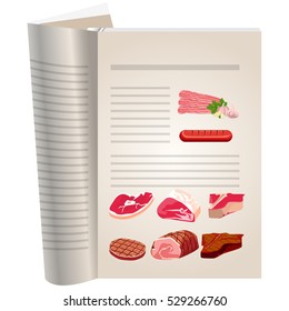 Template pages of a cookbook. You can have there favorite recipes. Meat products. Set of different types of meat