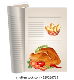 Template pages of a cookbook. You can have there favorite recipes. Grilled chicken with tomatoes and herbs. Chicken breast in breadcrumbs