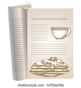 Template pages of a cookbook. You can have there favorite recipes. Coffee cup and slide into the plate of pancakes. Pancakes watered berry sauce