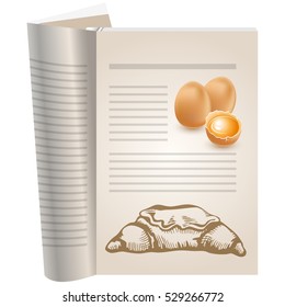 Template pages of a cookbook. You can have there favorite recipes. Eggs, whole and broken in the shell. Below picture croissant