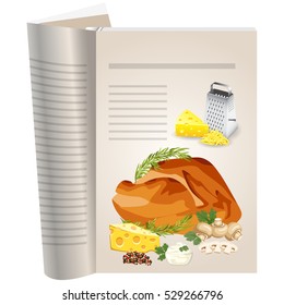 Template pages of a cookbook. You can have there favorite recipes. Roasted chicken with mushrooms and cheese. Iron grater and yellow cheese