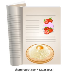 Template pages of a cookbook. You can have there favorite recipes. Strawberry cream in a glass bowl. Berries strawberries whole and sliced. On board the flour and egg