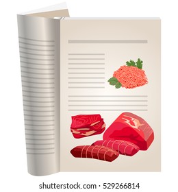Template pages of a cookbook. You can have there favorite recipes. Minced meat and a variety of meats. Meat products