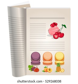 Template pages of a cookbook. You can have there favorite recipes. Cherry sauce with cherry berries. Multi-colored cakes with fruit jam